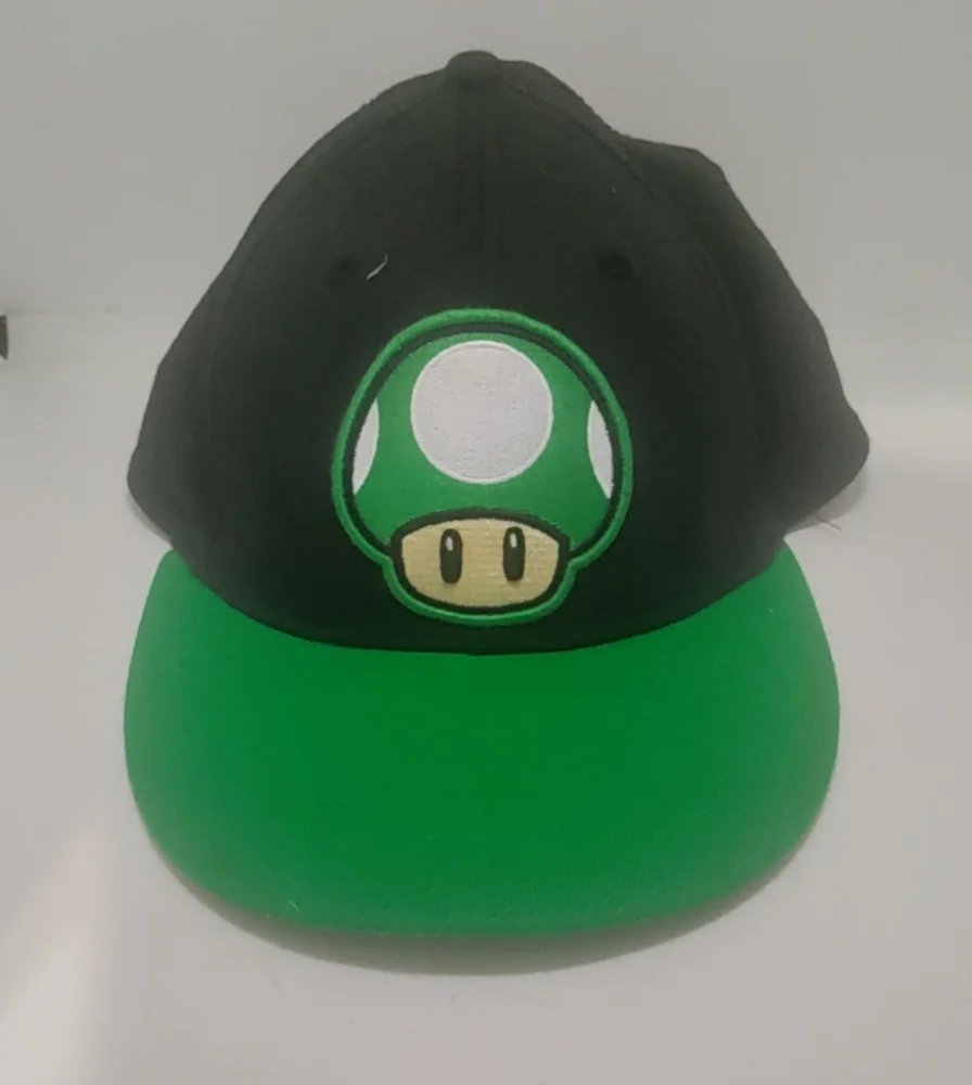 Super Mario Green 1 Up Mushroom Hat Stretch Band One Size Cap Flat Brim Tek Flex